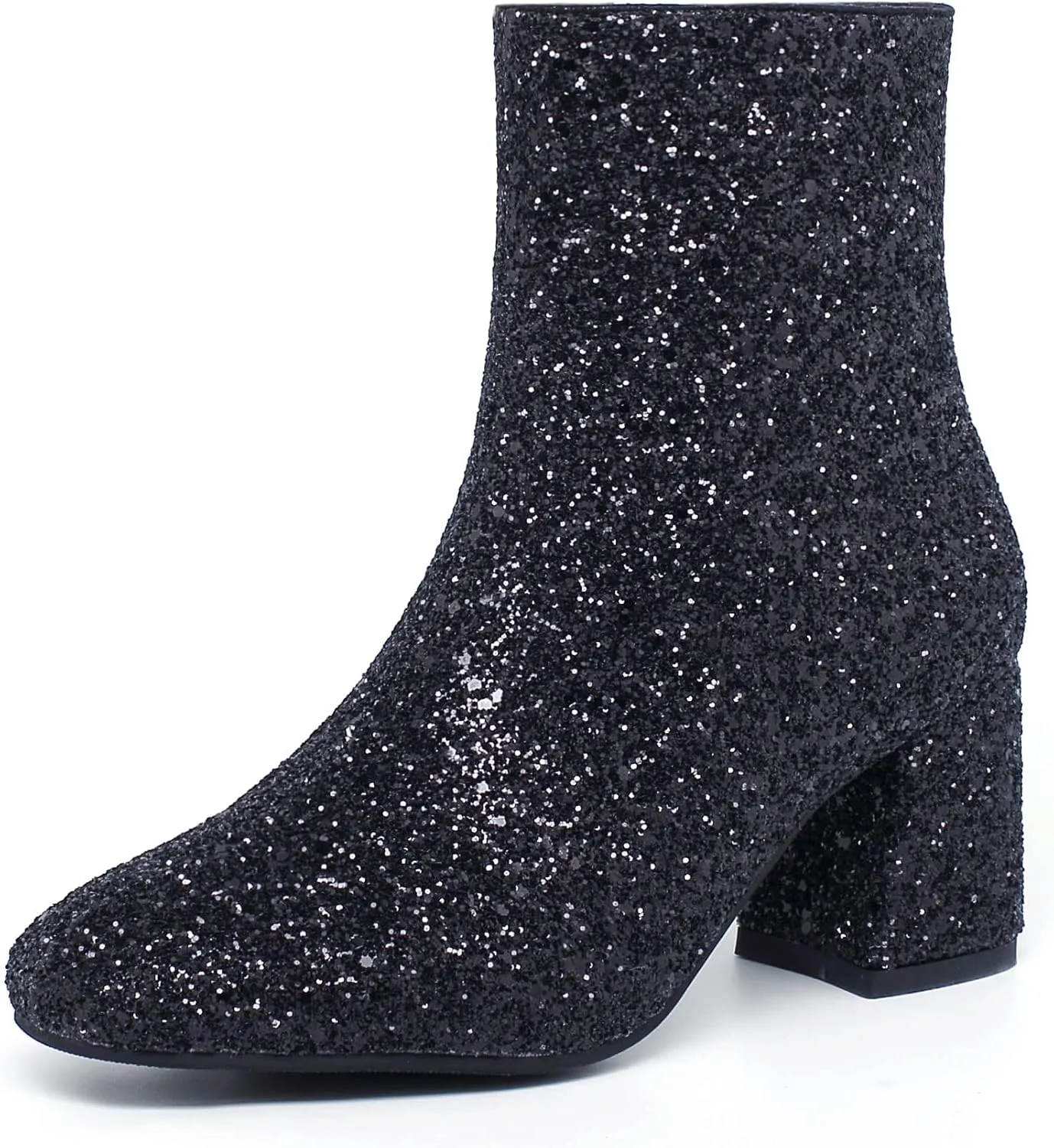 SEIFIN Women's Sequins Glitter Chunky Heel Ankle Boots Sparkly Wedding Bridal Party Dress Shoes Block Mid Heels Side Zipper Booties