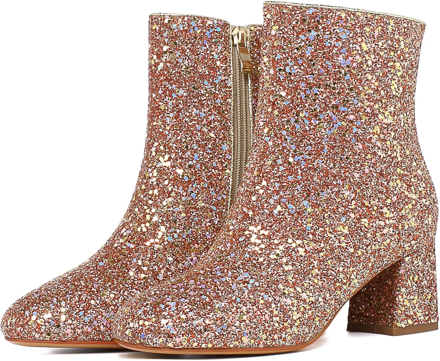 SEIFIN Women's Sequins Glitter Chunky Heel Ankle Boots Sparkly Wedding Bridal Party Dress Shoes Block Mid Heels Side Zipper Booties