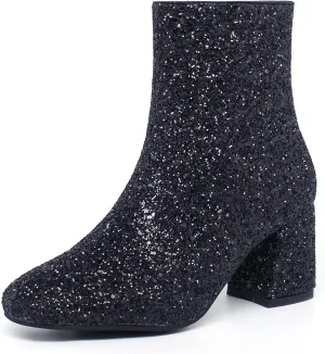 SEIFIN Women's Sequins Glitter Chunky Heel Ankle Boots Sparkly Wedding Bridal Party Dress Shoes Block Mid Heels Side Zipper Booties