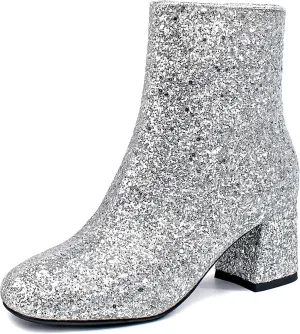 SEIFIN Women's Sequins Glitter Chunky Heel Ankle Boots Sparkly Wedding Bridal Party Dress Shoes Block Mid Heels Side Zipper Booties