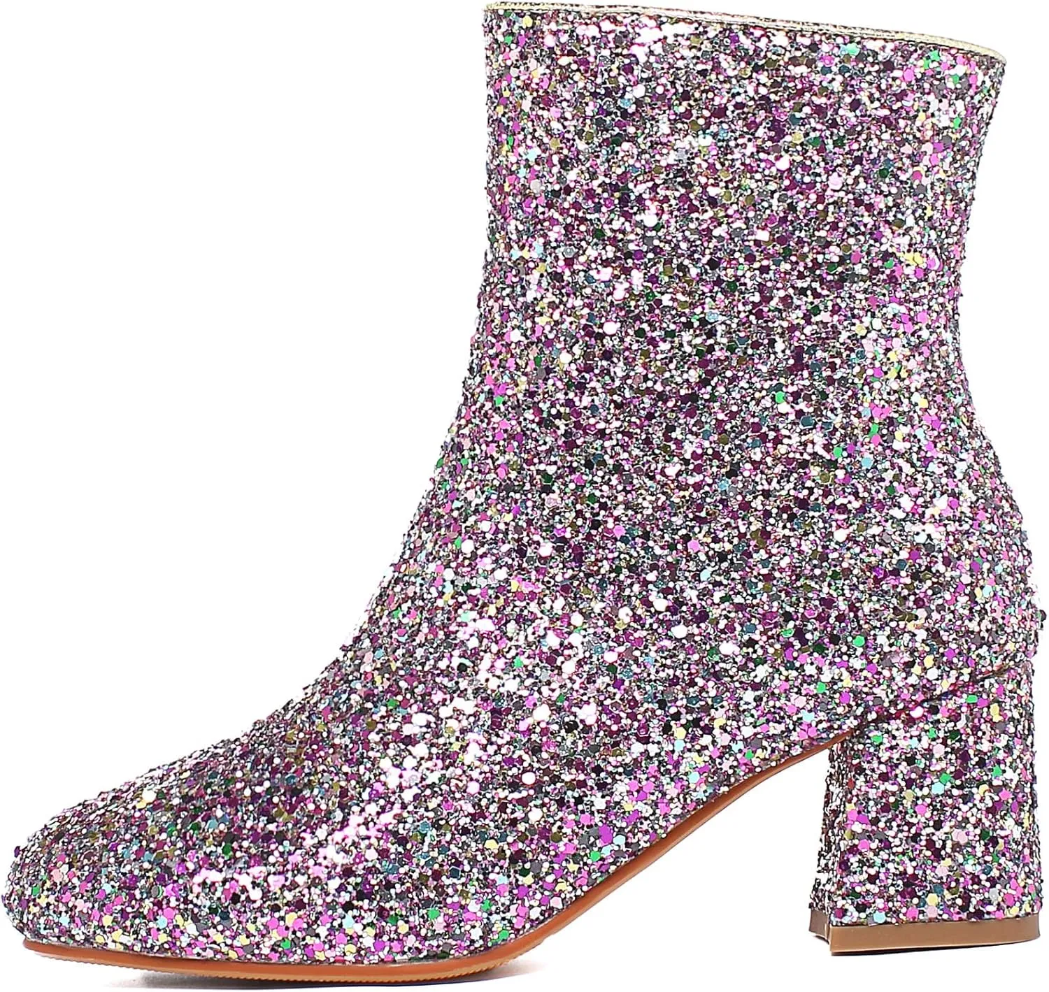 SEIFIN Women's Sequins Glitter Chunky Heel Ankle Boots Sparkly Wedding Bridal Party Dress Shoes Block Mid Heels Side Zipper Booties