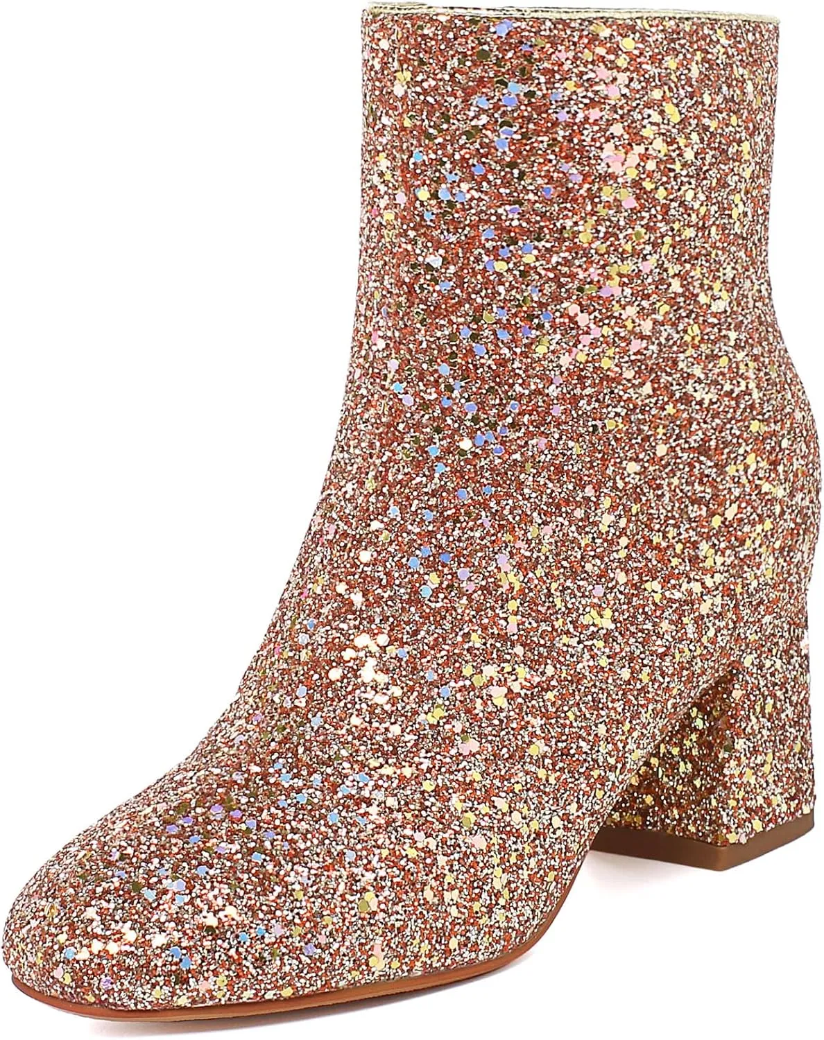 SEIFIN Women's Sequins Glitter Chunky Heel Ankle Boots Sparkly Wedding Bridal Party Dress Shoes Block Mid Heels Side Zipper Booties