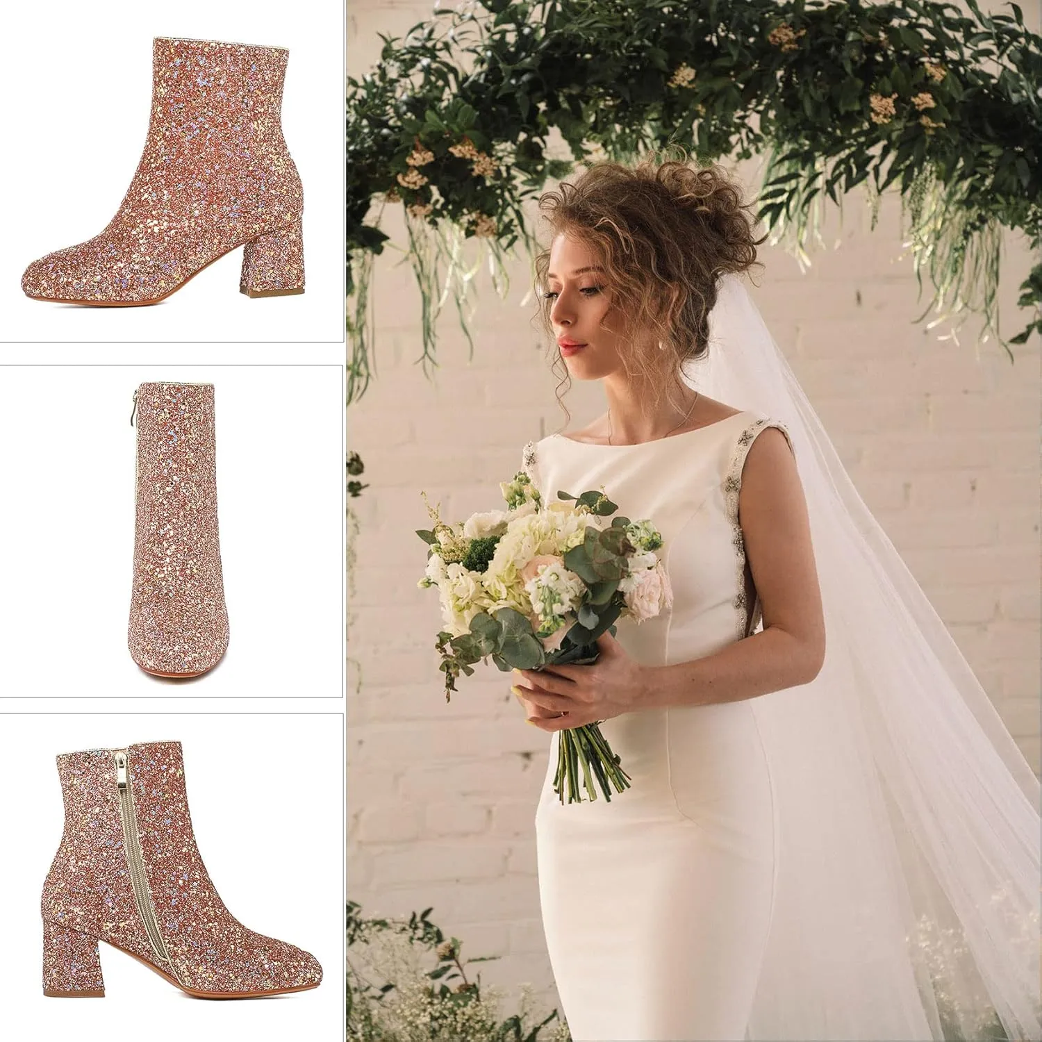 SEIFIN Women's Sequins Glitter Chunky Heel Ankle Boots Sparkly Wedding Bridal Party Dress Shoes Block Mid Heels Side Zipper Booties
