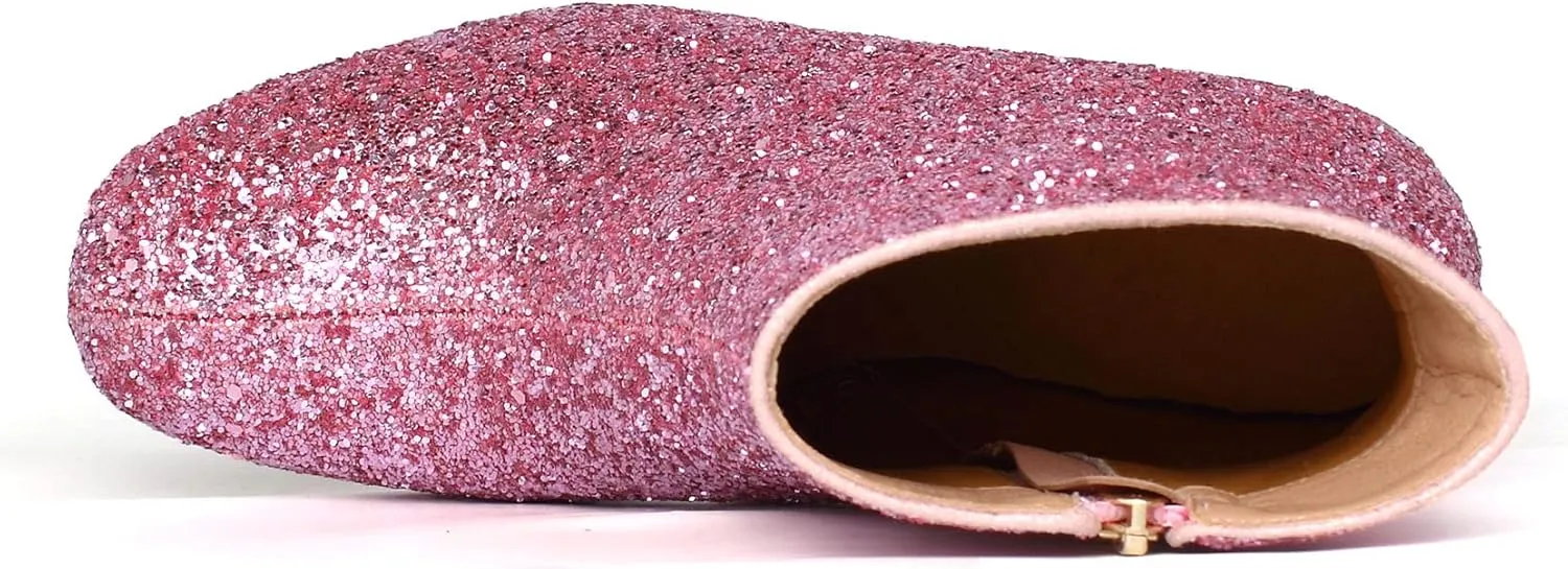 SEIFIN Women's Sequins Glitter Chunky Heel Ankle Boots Sparkly Wedding Bridal Party Dress Shoes Block Mid Heels Side Zipper Booties