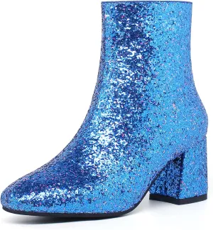 SEIFIN Women's Sequins Glitter Chunky Heel Ankle Boots Sparkly Wedding Bridal Party Dress Shoes Block Mid Heels Side Zipper Booties