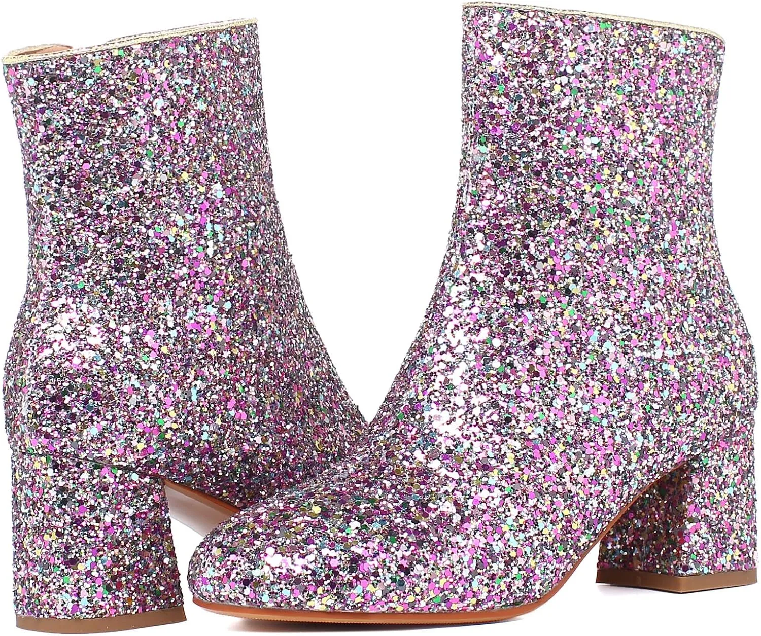 SEIFIN Women's Sequins Glitter Chunky Heel Ankle Boots Sparkly Wedding Bridal Party Dress Shoes Block Mid Heels Side Zipper Booties