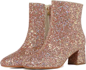 SEIFIN Women's Sequins Glitter Chunky Heel Ankle Boots Sparkly Wedding Bridal Party Dress Shoes Block Mid Heels Side Zipper Booties