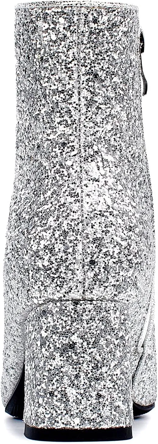 SEIFIN Women's Sequins Glitter Chunky Heel Ankle Boots Sparkly Wedding Bridal Party Dress Shoes Block Mid Heels Side Zipper Booties
