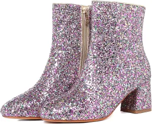 SEIFIN Women's Sequins Glitter Chunky Heel Ankle Boots Sparkly Wedding Bridal Party Dress Shoes Block Mid Heels Side Zipper Booties