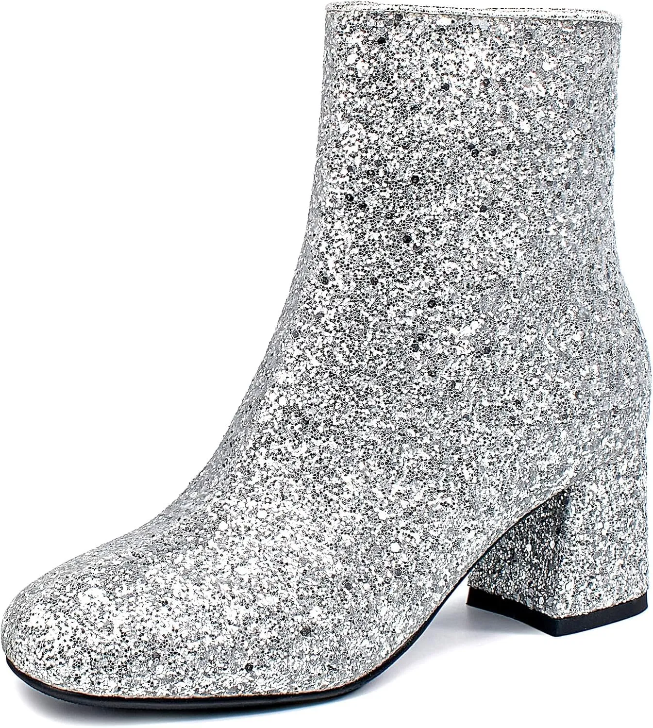 SEIFIN Women's Sequins Glitter Chunky Heel Ankle Boots Sparkly Wedding Bridal Party Dress Shoes Block Mid Heels Side Zipper Booties