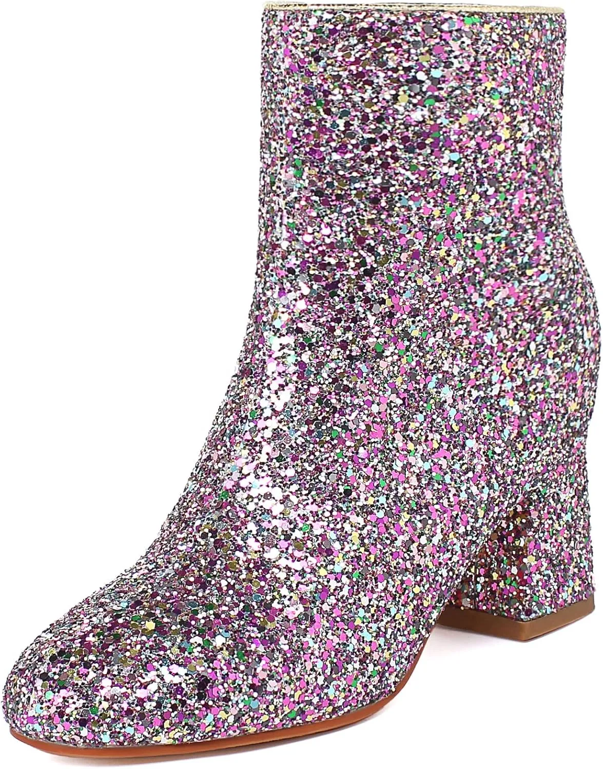 SEIFIN Women's Sequins Glitter Chunky Heel Ankle Boots Sparkly Wedding Bridal Party Dress Shoes Block Mid Heels Side Zipper Booties