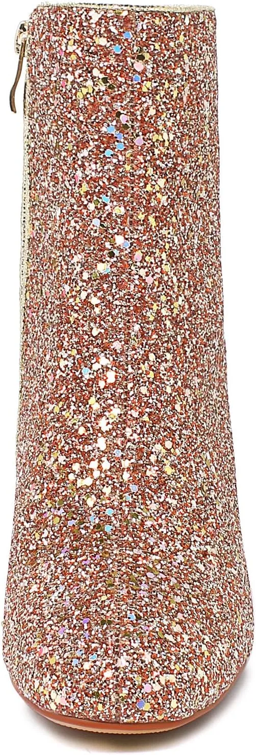SEIFIN Women's Sequins Glitter Chunky Heel Ankle Boots Sparkly Wedding Bridal Party Dress Shoes Block Mid Heels Side Zipper Booties