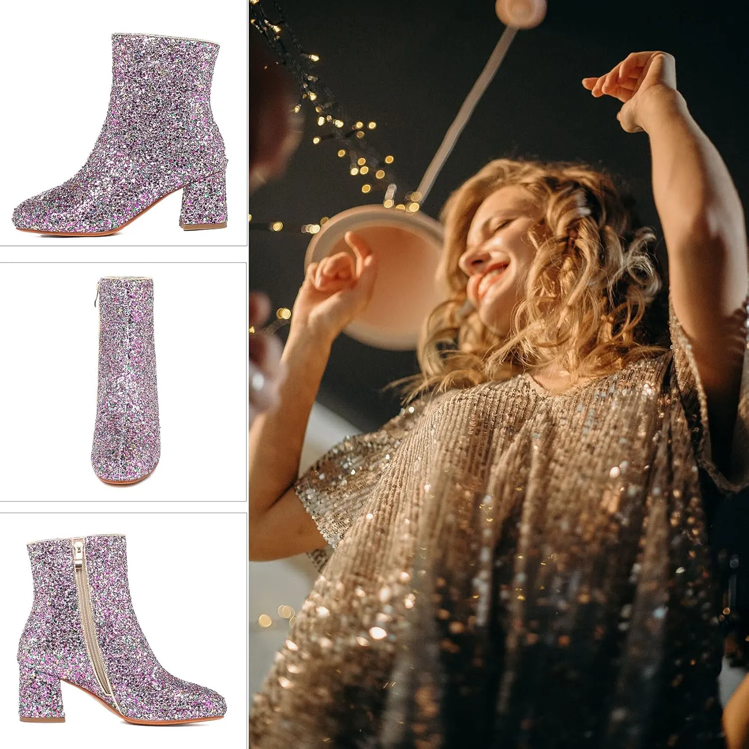 SEIFIN Women's Sequins Glitter Chunky Heel Ankle Boots Sparkly Wedding Bridal Party Dress Shoes Block Mid Heels Side Zipper Booties