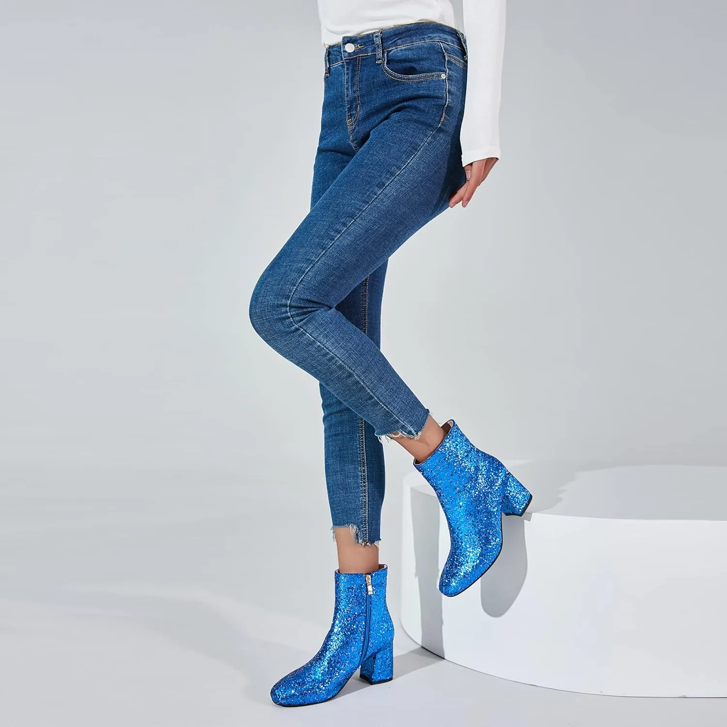 SEIFIN Women's Sequins Glitter Chunky Heel Ankle Boots Sparkly Wedding Bridal Party Dress Shoes Block Mid Heels Side Zipper Booties