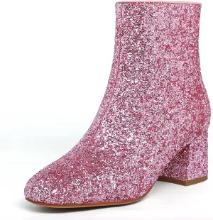 SEIFIN Women's Sequins Glitter Chunky Heel Ankle Boots Sparkly Wedding Bridal Party Dress Shoes Block Mid Heels Side Zipper Booties