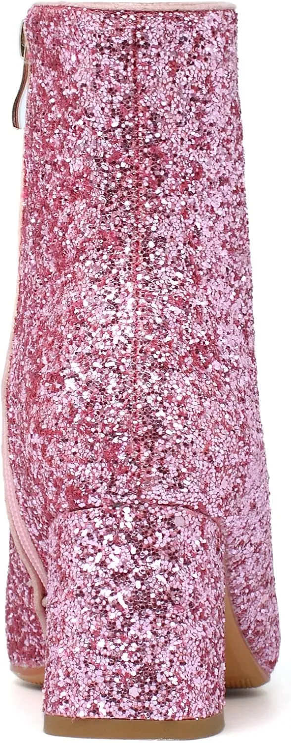 SEIFIN Women's Sequins Glitter Chunky Heel Ankle Boots Sparkly Wedding Bridal Party Dress Shoes Block Mid Heels Side Zipper Booties