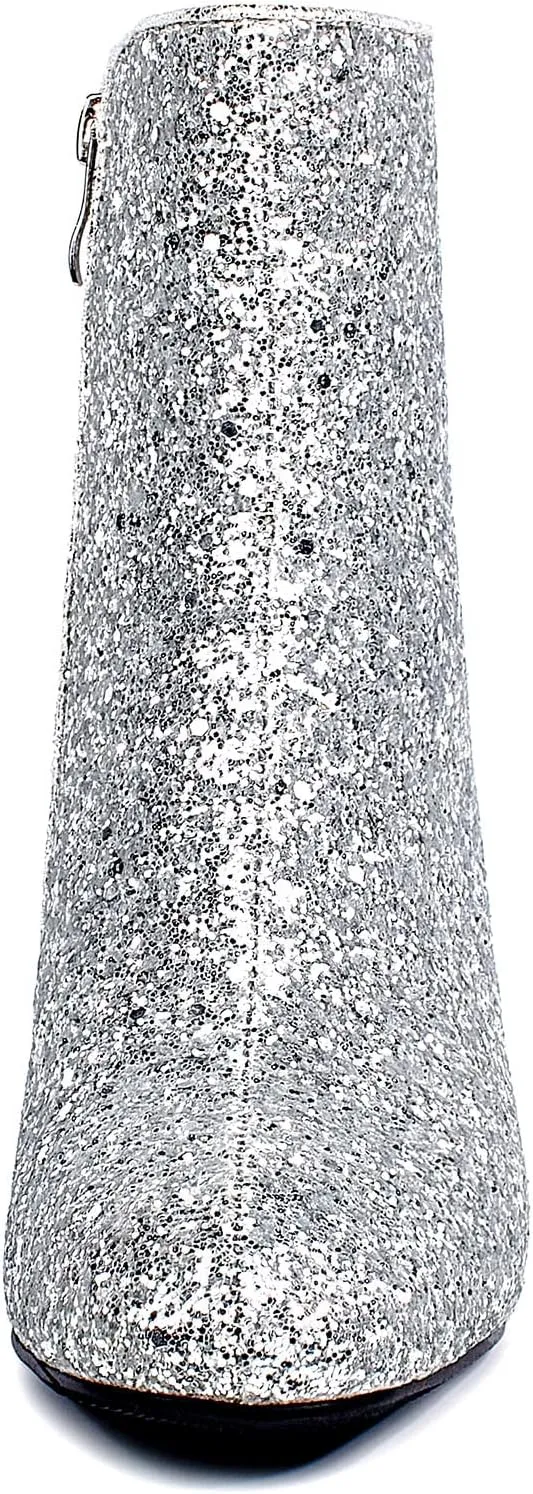SEIFIN Women's Sequins Glitter Chunky Heel Ankle Boots Sparkly Wedding Bridal Party Dress Shoes Block Mid Heels Side Zipper Booties