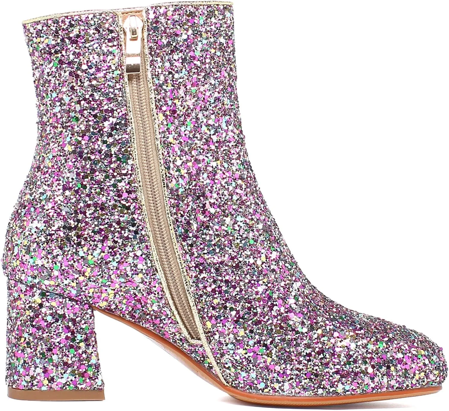 SEIFIN Women's Sequins Glitter Chunky Heel Ankle Boots Sparkly Wedding Bridal Party Dress Shoes Block Mid Heels Side Zipper Booties