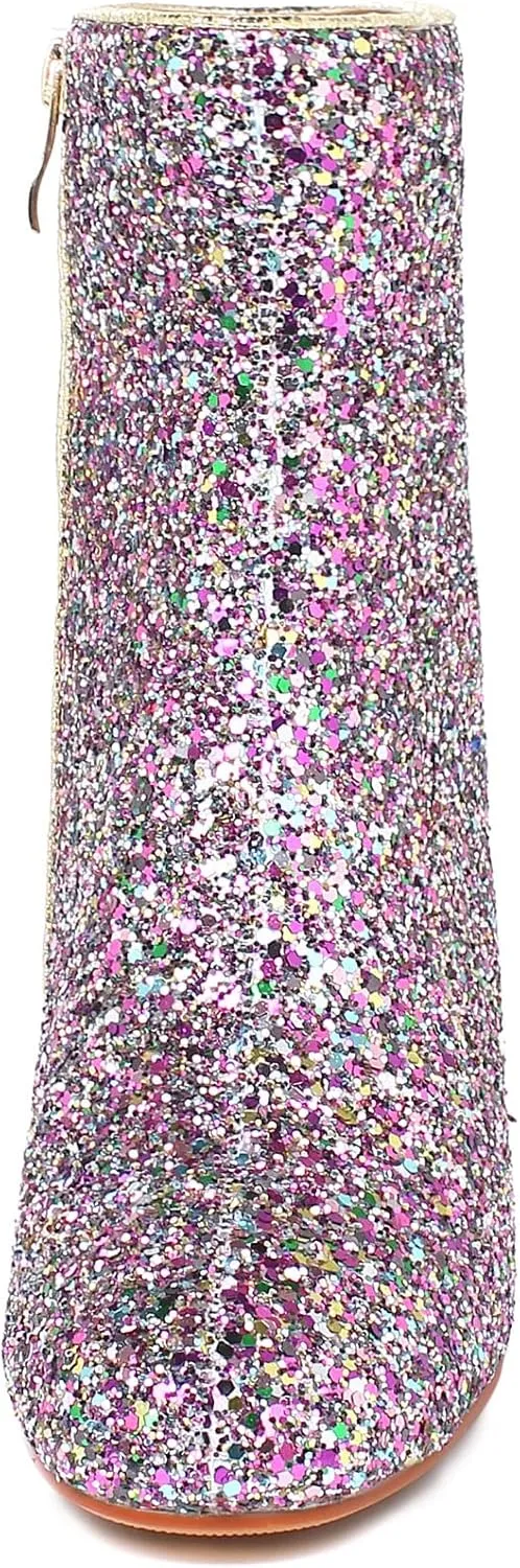 SEIFIN Women's Sequins Glitter Chunky Heel Ankle Boots Sparkly Wedding Bridal Party Dress Shoes Block Mid Heels Side Zipper Booties