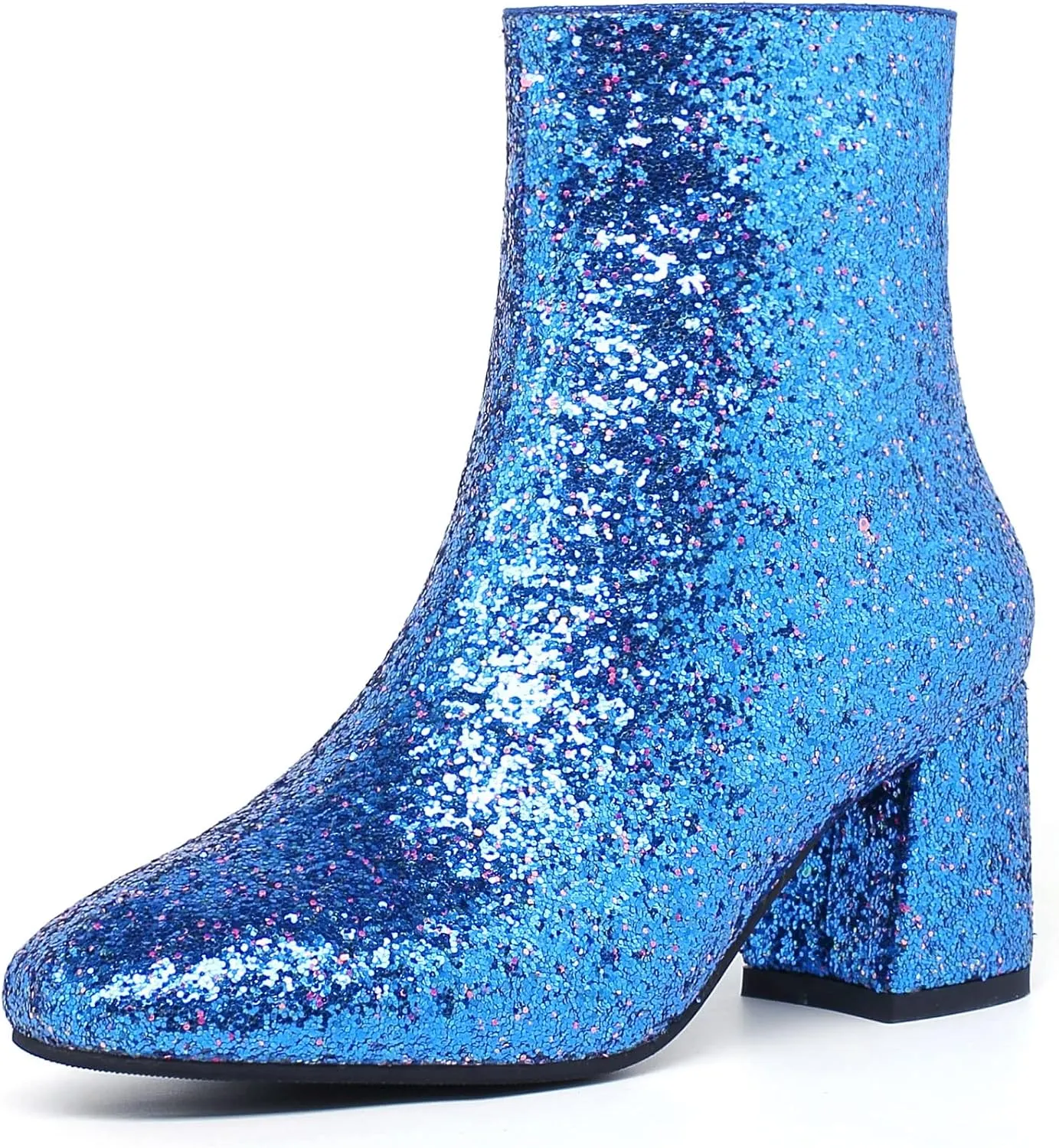 SEIFIN Women's Sequins Glitter Chunky Heel Ankle Boots Sparkly Wedding Bridal Party Dress Shoes Block Mid Heels Side Zipper Booties
