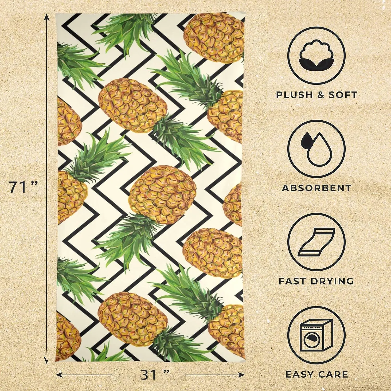 senya Beach Towel Beach Blanket Mat 71”x 31” Pineapples on Beige Pool Towel Portable for Beach Festival Picnic Travel Outdoor Camping