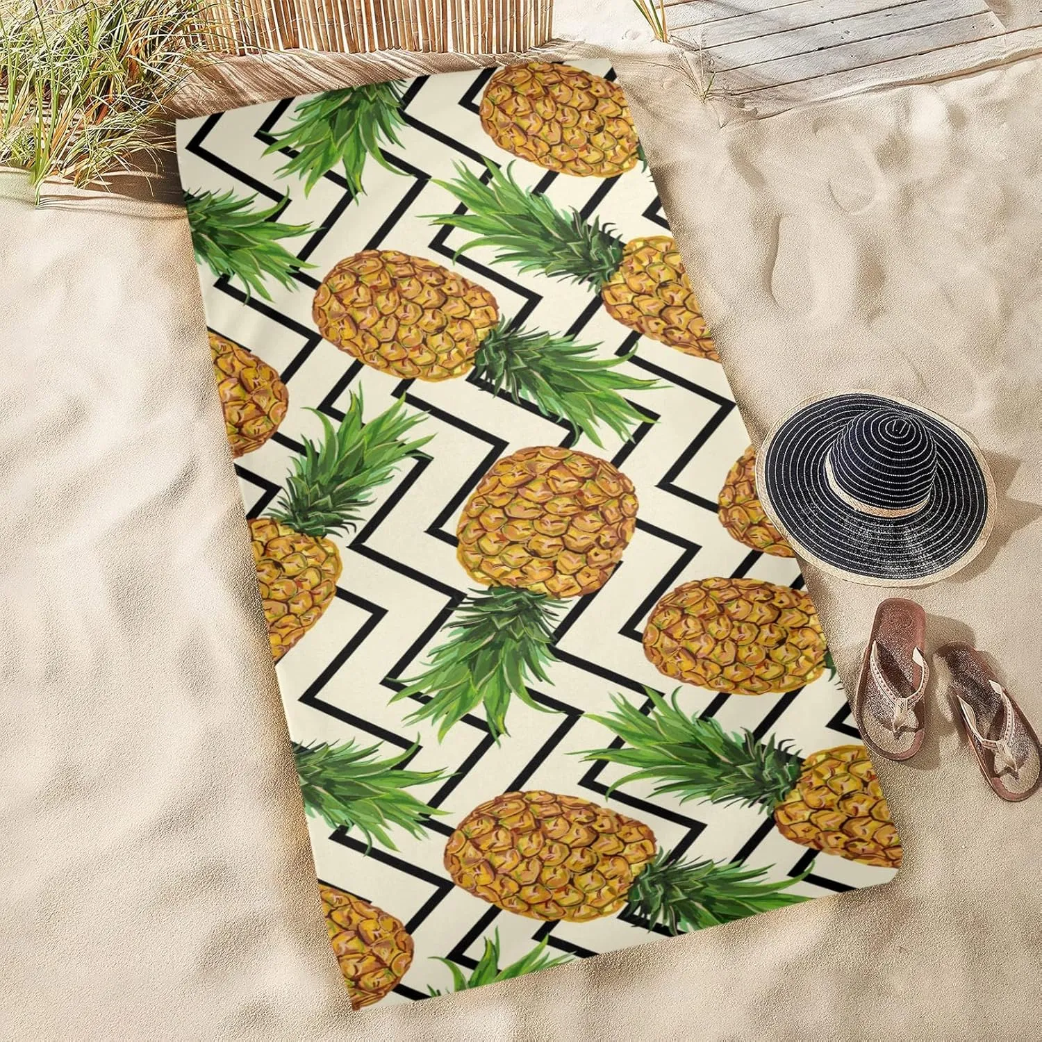 senya Beach Towel Beach Blanket Mat 71”x 31” Pineapples on Beige Pool Towel Portable for Beach Festival Picnic Travel Outdoor Camping