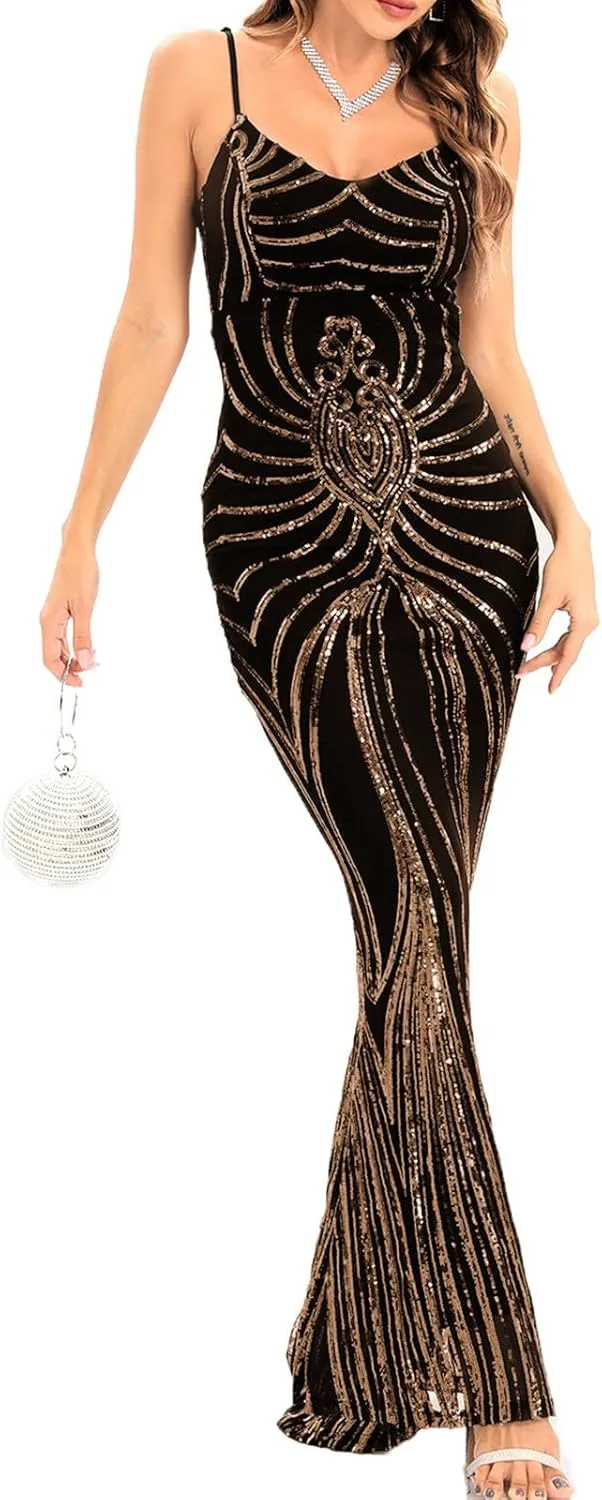 Sequin Dresses Womens Sparkly Glitter 1920S Maxi Bodycon Dress Fishtail Concert Disco Outfit Evening Party Ball Gown
