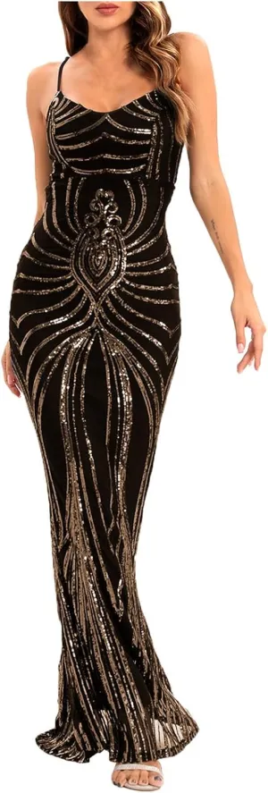Sequin Dresses Womens Sparkly Glitter 1920S Maxi Bodycon Dress Fishtail Concert Disco Outfit Evening Party Ball Gown