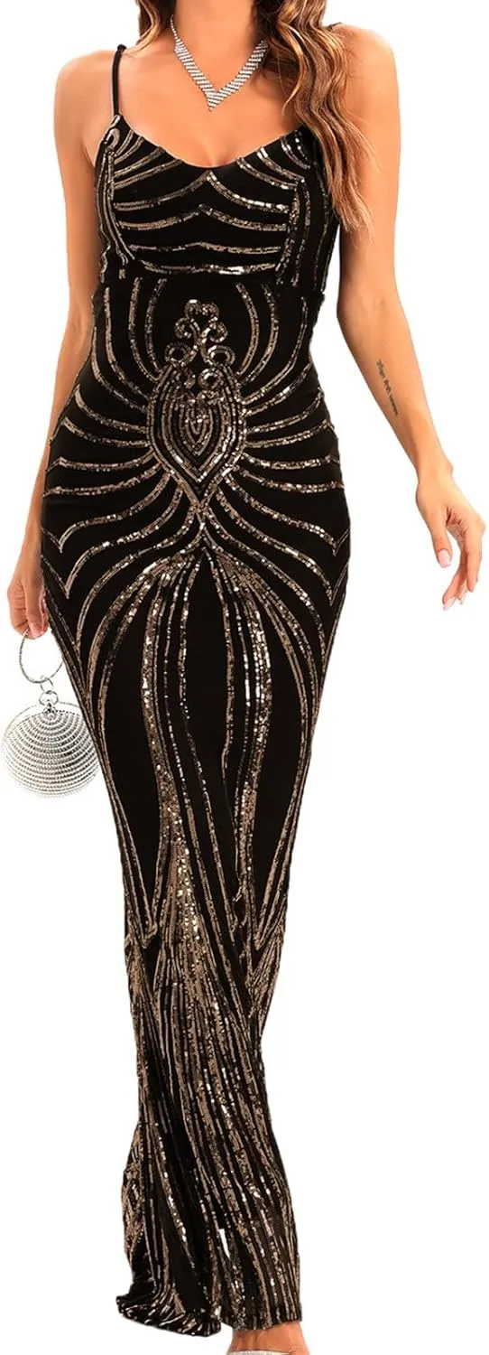 Sequin Dresses Womens Sparkly Glitter 1920S Maxi Bodycon Dress Fishtail Concert Disco Outfit Evening Party Ball Gown