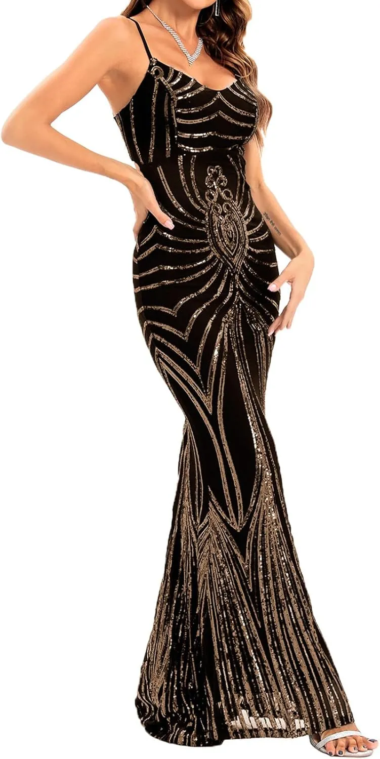Sequin Dresses Womens Sparkly Glitter 1920S Maxi Bodycon Dress Fishtail Concert Disco Outfit Evening Party Ball Gown