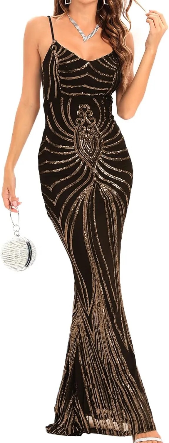Sequin Dresses Womens Sparkly Glitter 1920S Maxi Bodycon Dress Fishtail Concert Disco Outfit Evening Party Ball Gown