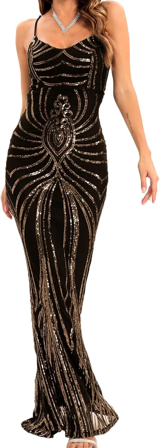 Sequin Dresses Womens Sparkly Glitter 1920S Maxi Bodycon Dress Fishtail Concert Disco Outfit Evening Party Ball Gown