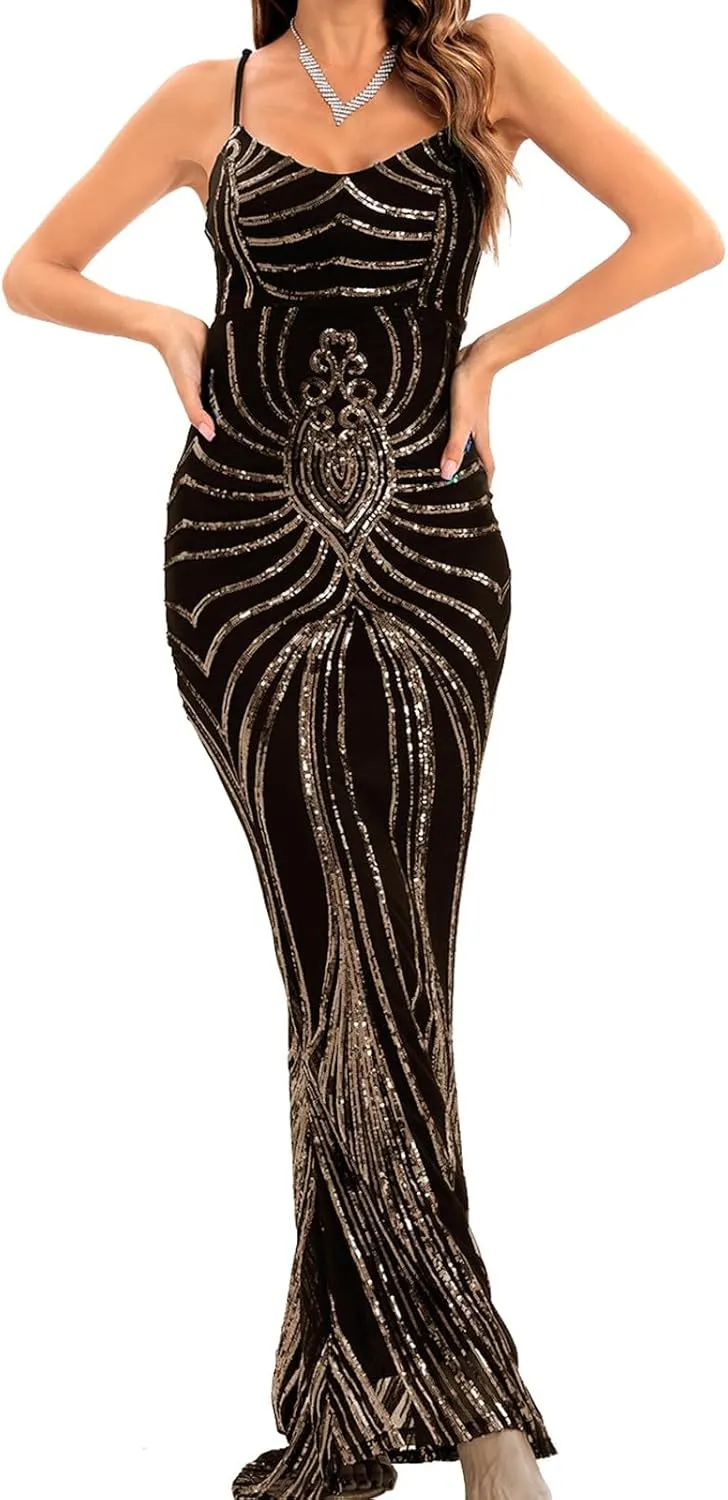 Sequin Dresses Womens Sparkly Glitter 1920S Maxi Bodycon Dress Fishtail Concert Disco Outfit Evening Party Ball Gown