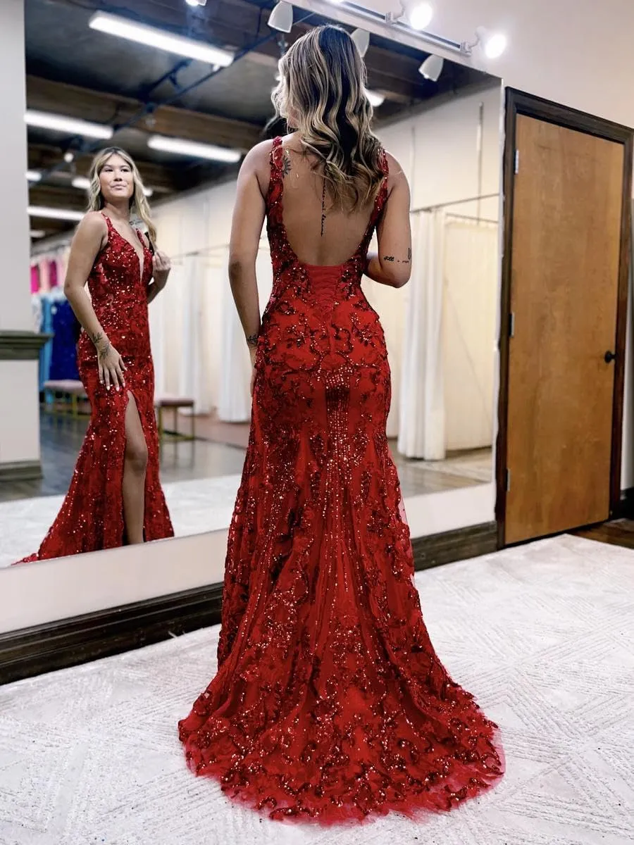 Sequin Prom Dresses 2025 for Women Long Mermaid V Neck Evening Dress Straps Side Slit Party Gown