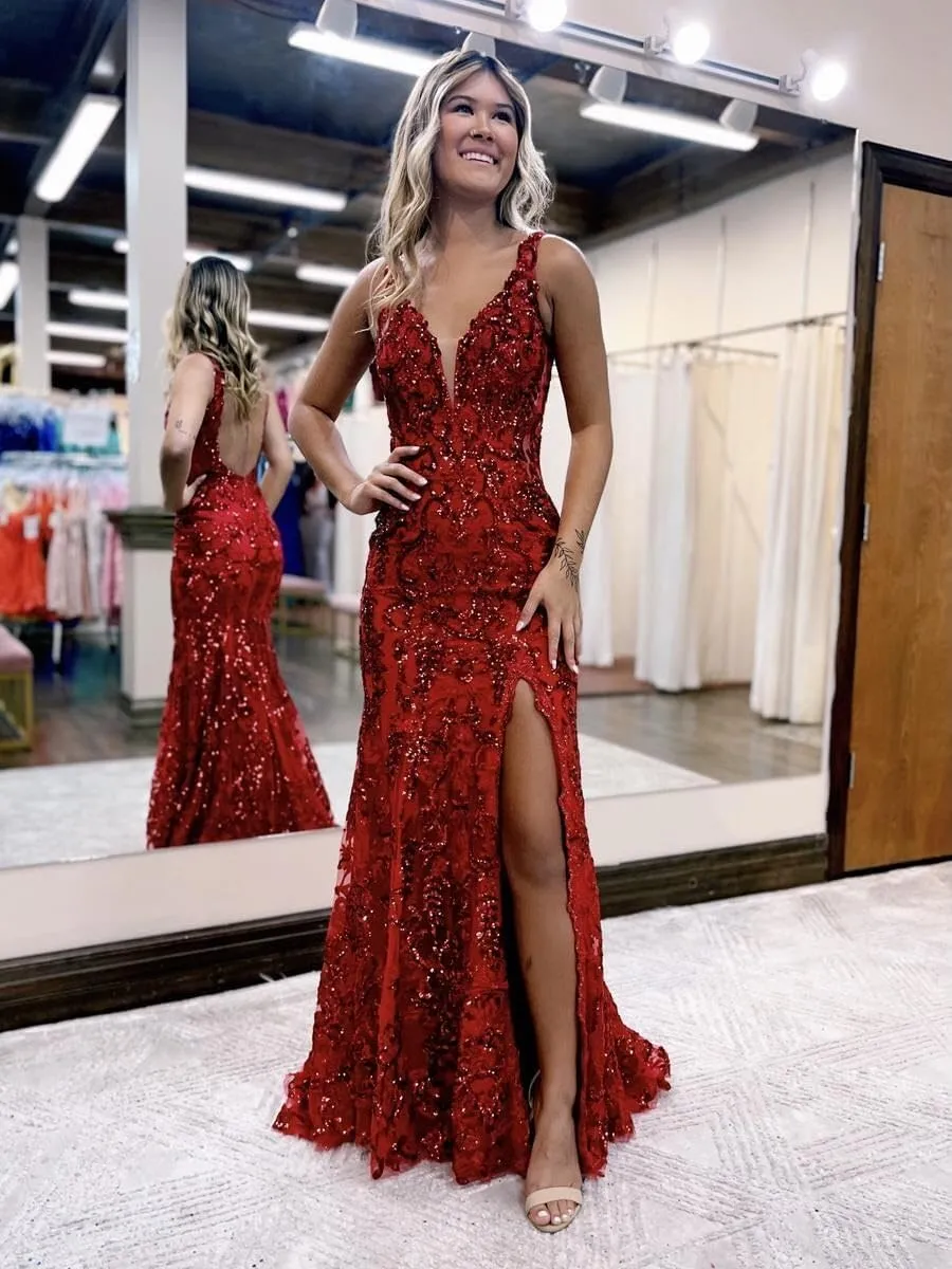 Sequin Prom Dresses 2025 for Women Long Mermaid V Neck Evening Dress Straps Side Slit Party Gown