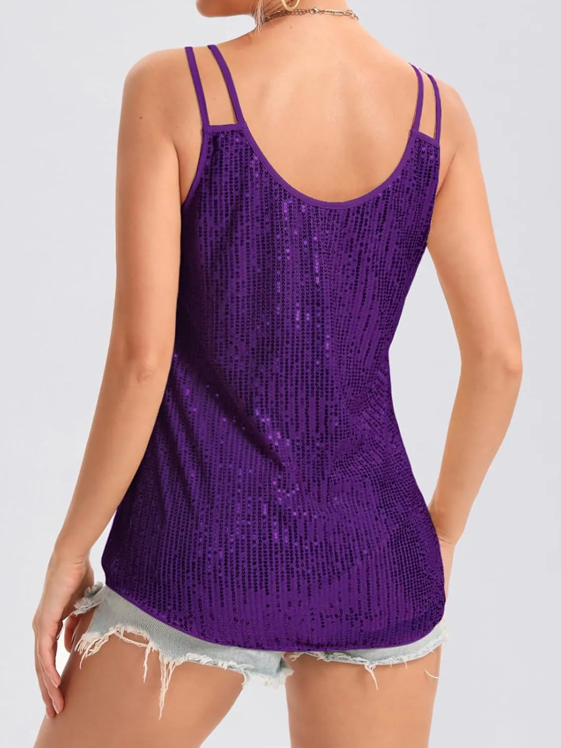 Sequin Tops for Women V Neck Dressy Tank Tops Sparkly Party Club Night Disco Concert Outfits S-XXL