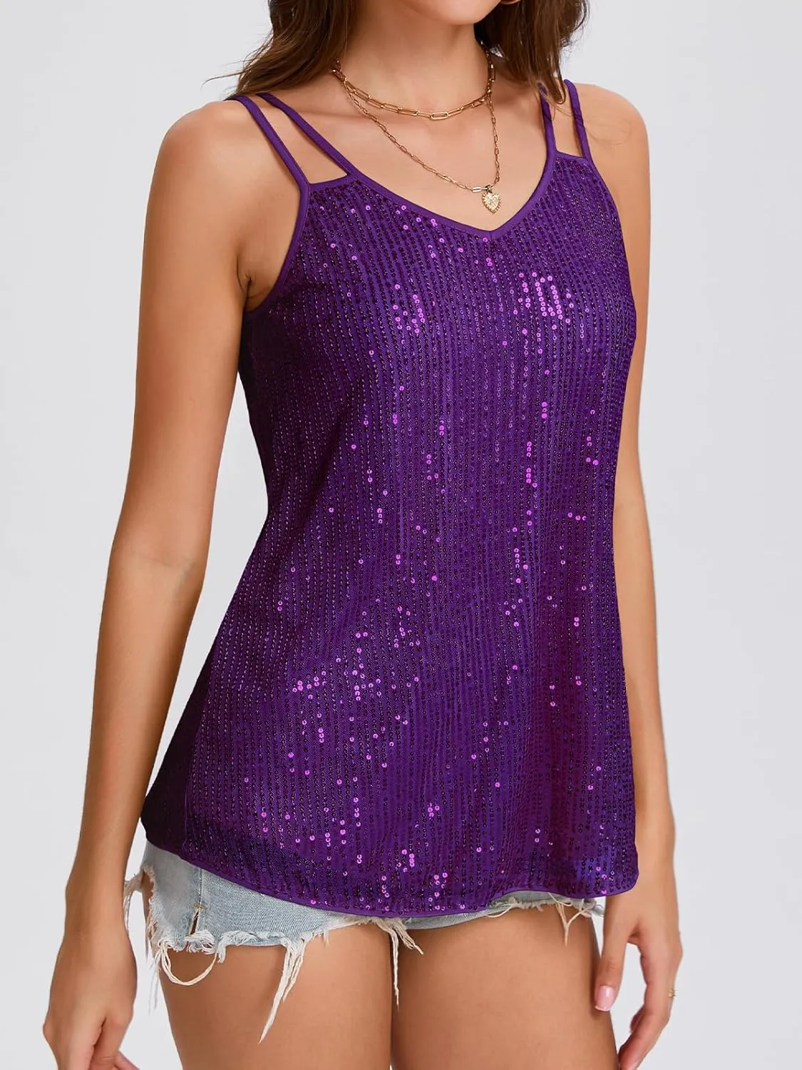 Sequin Tops for Women V Neck Dressy Tank Tops Sparkly Party Club Night Disco Concert Outfits S-XXL