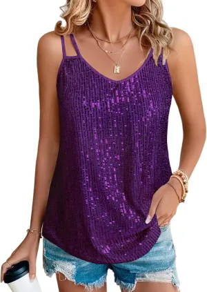 Sequin Tops for Women V Neck Dressy Tank Tops Sparkly Party Club Night Disco Concert Outfits S-XXL
