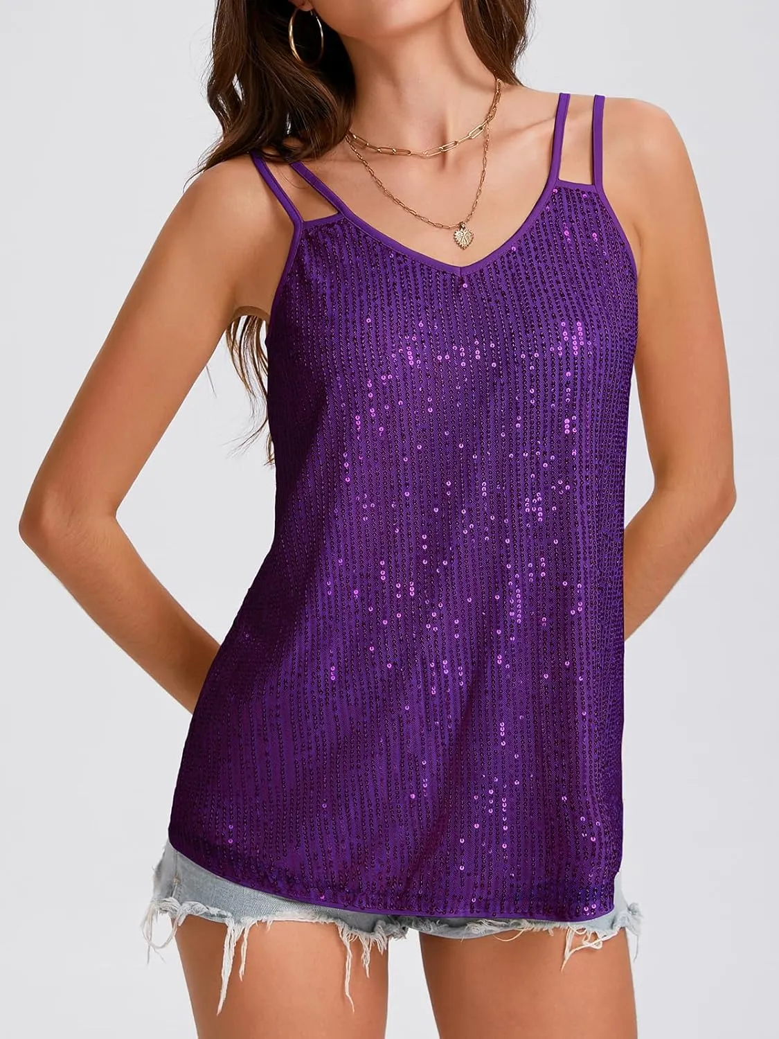 Sequin Tops for Women V Neck Dressy Tank Tops Sparkly Party Club Night Disco Concert Outfits S-XXL