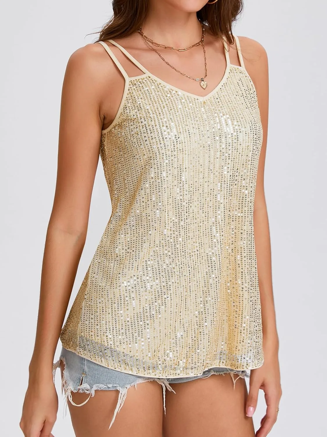 Sequin Tops for Women V Neck Dressy Tank Tops Sparkly Party Club Night Disco Concert Outfits S-XXL