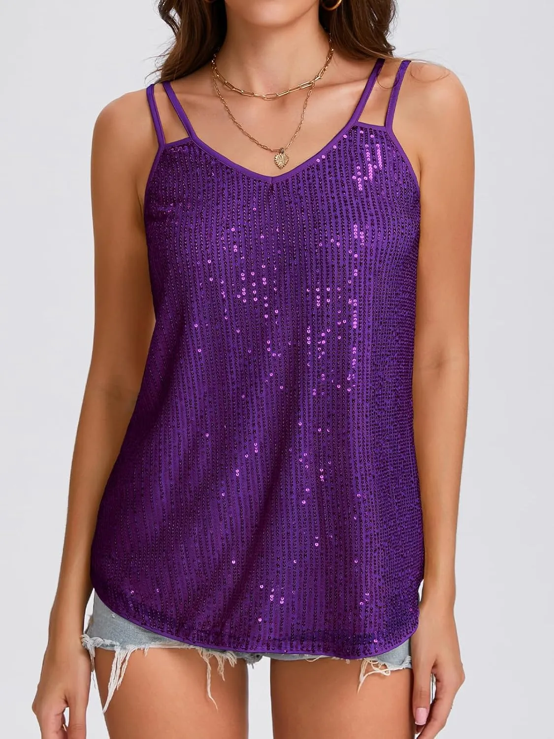 Sequin Tops for Women V Neck Dressy Tank Tops Sparkly Party Club Night Disco Concert Outfits S-XXL