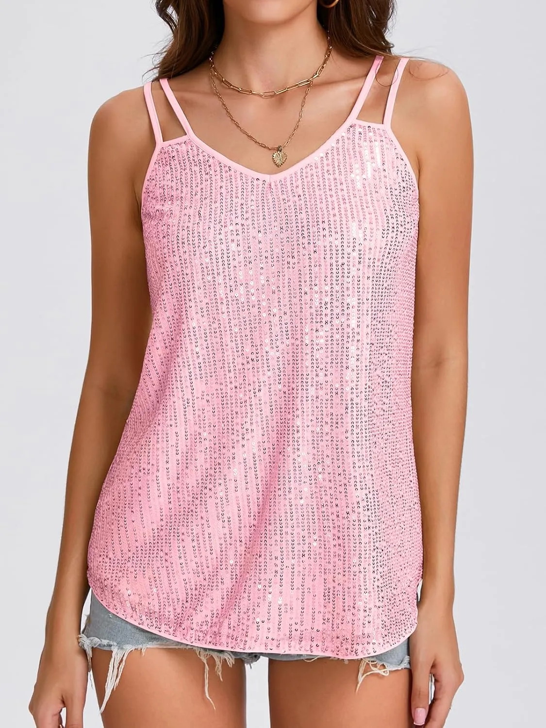 Sequin Tops for Women V Neck Dressy Tank Tops Sparkly Party Club Night Disco Concert Outfits S-XXL