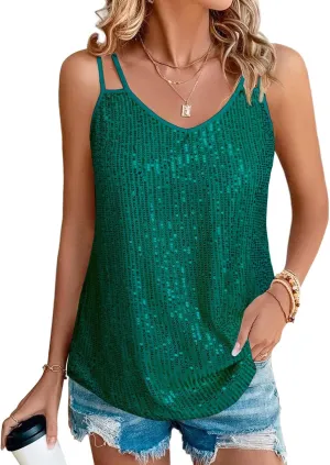Sequin Tops for Women V Neck Dressy Tank Tops Sparkly Party Club Night Disco Concert Outfits S-XXL