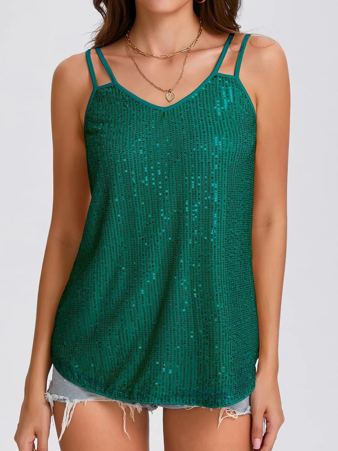 Sequin Tops for Women V Neck Dressy Tank Tops Sparkly Party Club Night Disco Concert Outfits S-XXL