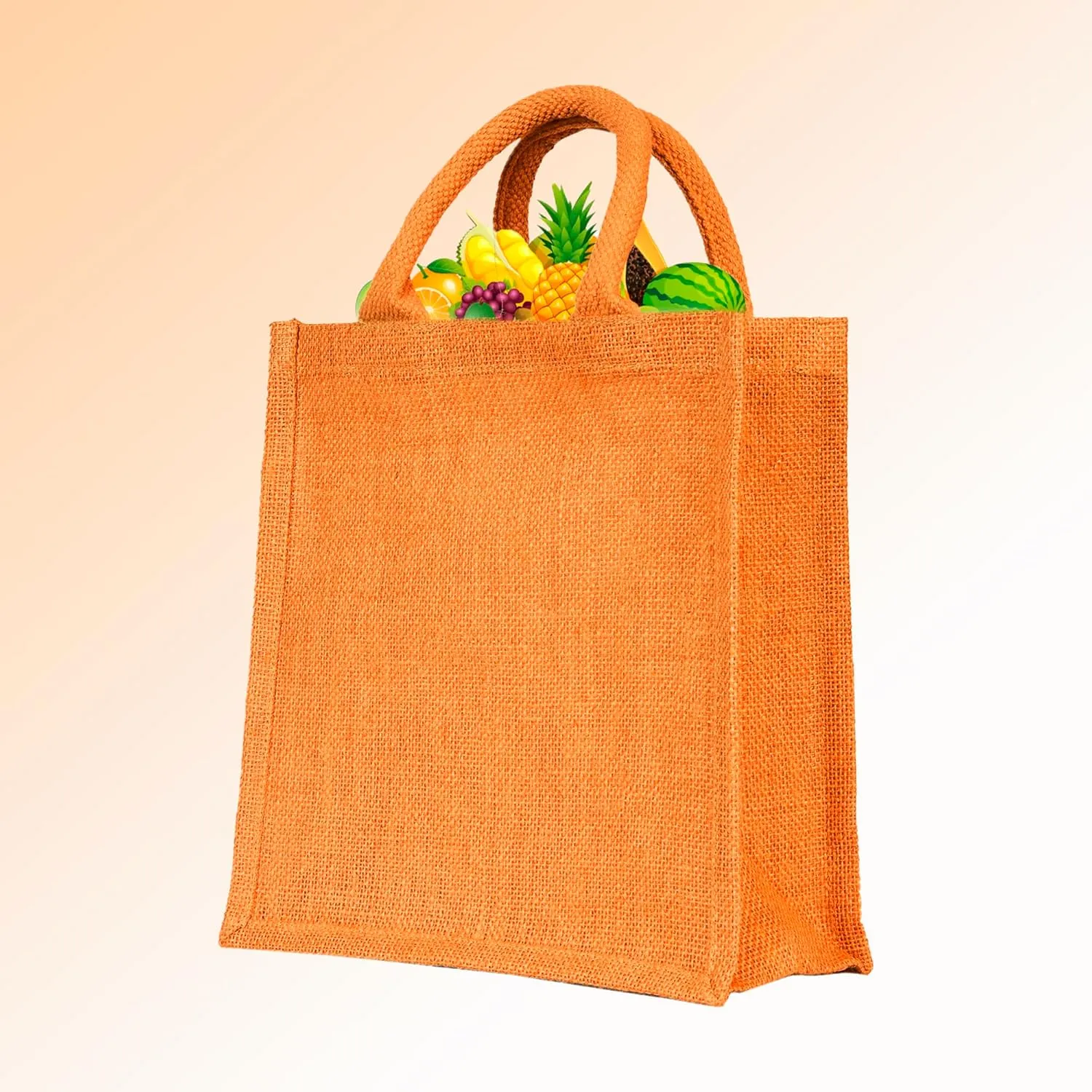 Set of 4 Reusable Jute Tote Bags – Lined, with Gusset & Soft Handles – 10x10x4" – Wine, Pink, Green & Orange