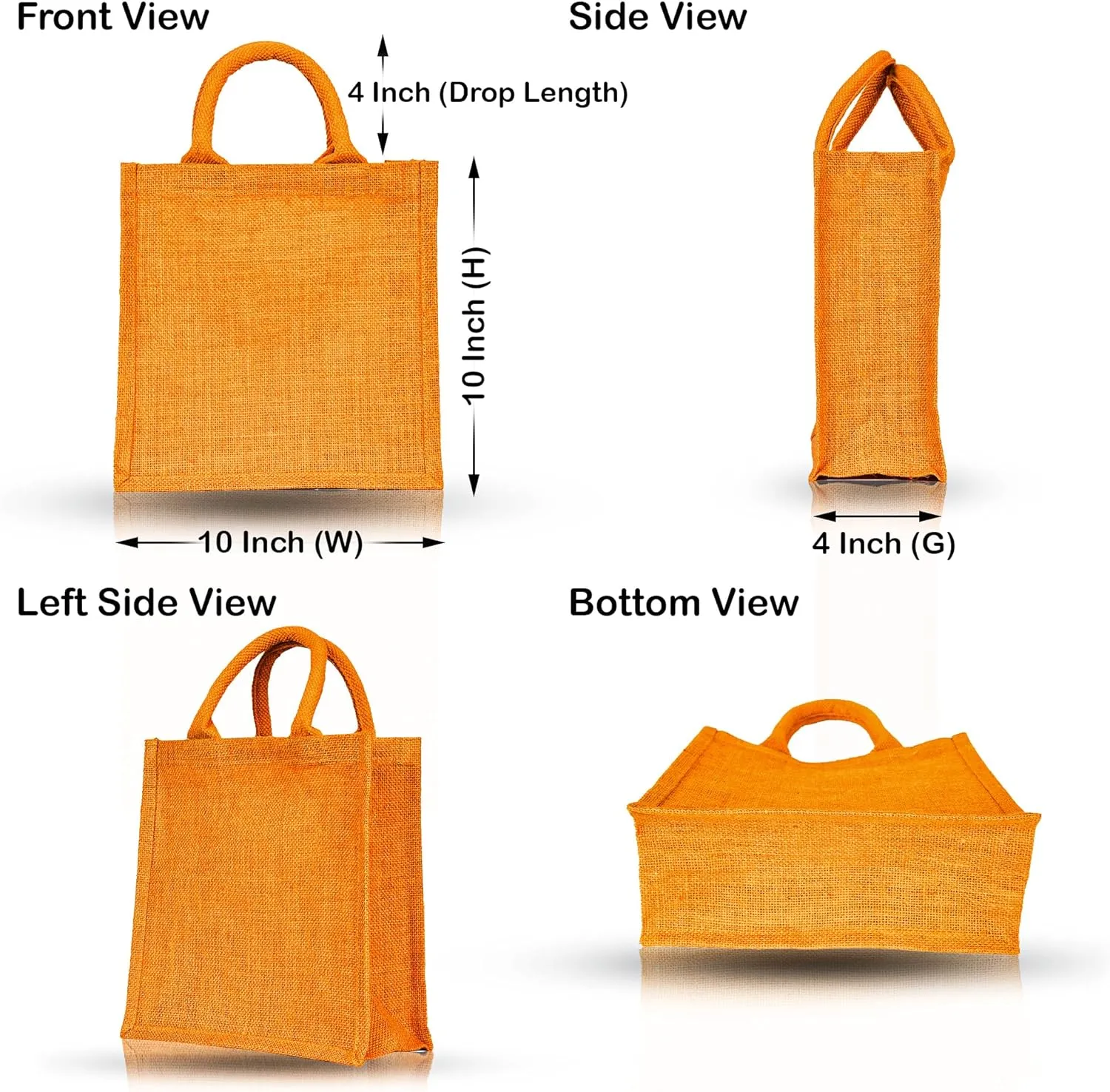 Set of 4 Reusable Jute Tote Bags – Lined, with Gusset & Soft Handles – 10x10x4" – Wine, Pink, Green & Orange