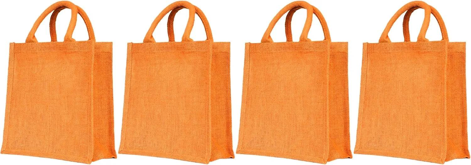 Set of 4 Reusable Jute Tote Bags – Lined, with Gusset & Soft Handles – 10x10x4" – Wine, Pink, Green & Orange