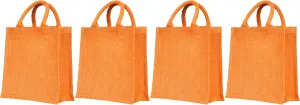 Set of 4 Reusable Jute Tote Bags – Lined, with Gusset & Soft Handles – 10x10x4" – Wine, Pink, Green & Orange