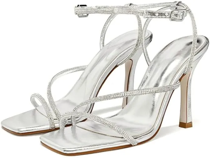 sexytag Women's Sparkly Heels Rhinestone Square Open Toe Ankle Strap Stiletto Heel Sandals