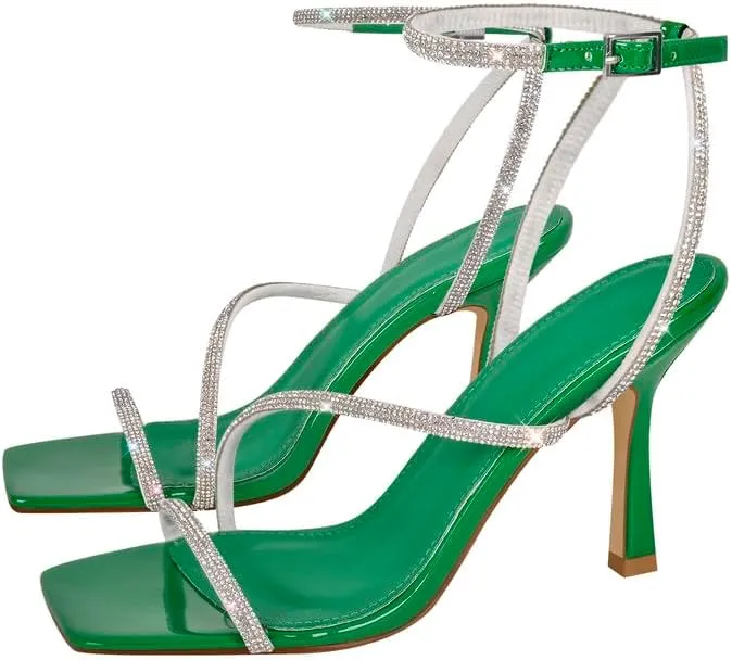 sexytag Women's Sparkly Heels Rhinestone Square Open Toe Ankle Strap Stiletto Heel Sandals